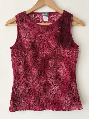 Vintage 90s Rave Burgundy Floral Lace Plissé Pleated Tank Top Made in USA Large